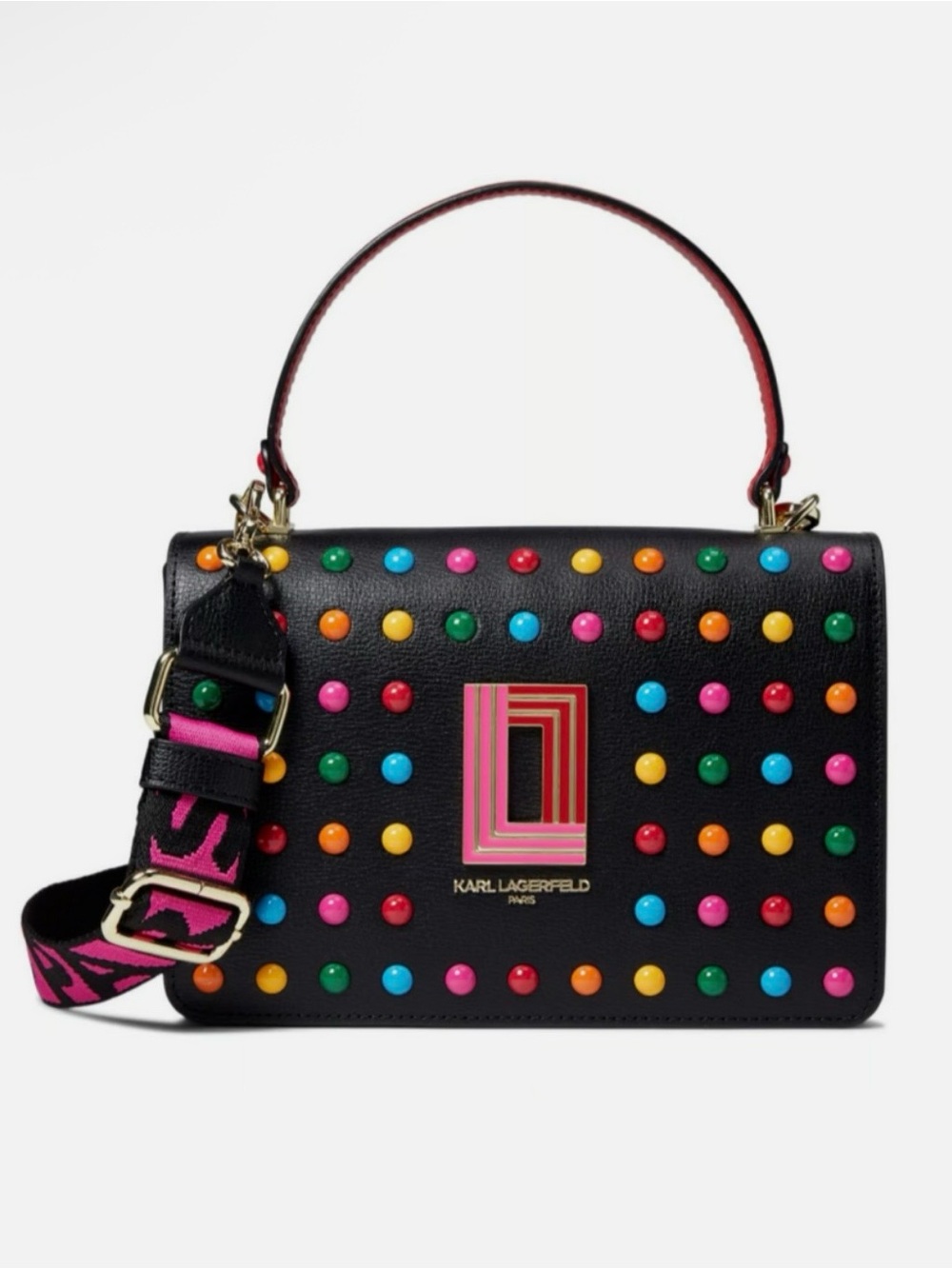 Karl Lagerfeld Studded Black/Pink/Red Dot Simone Front-Flap Crossbody Bag, NWT